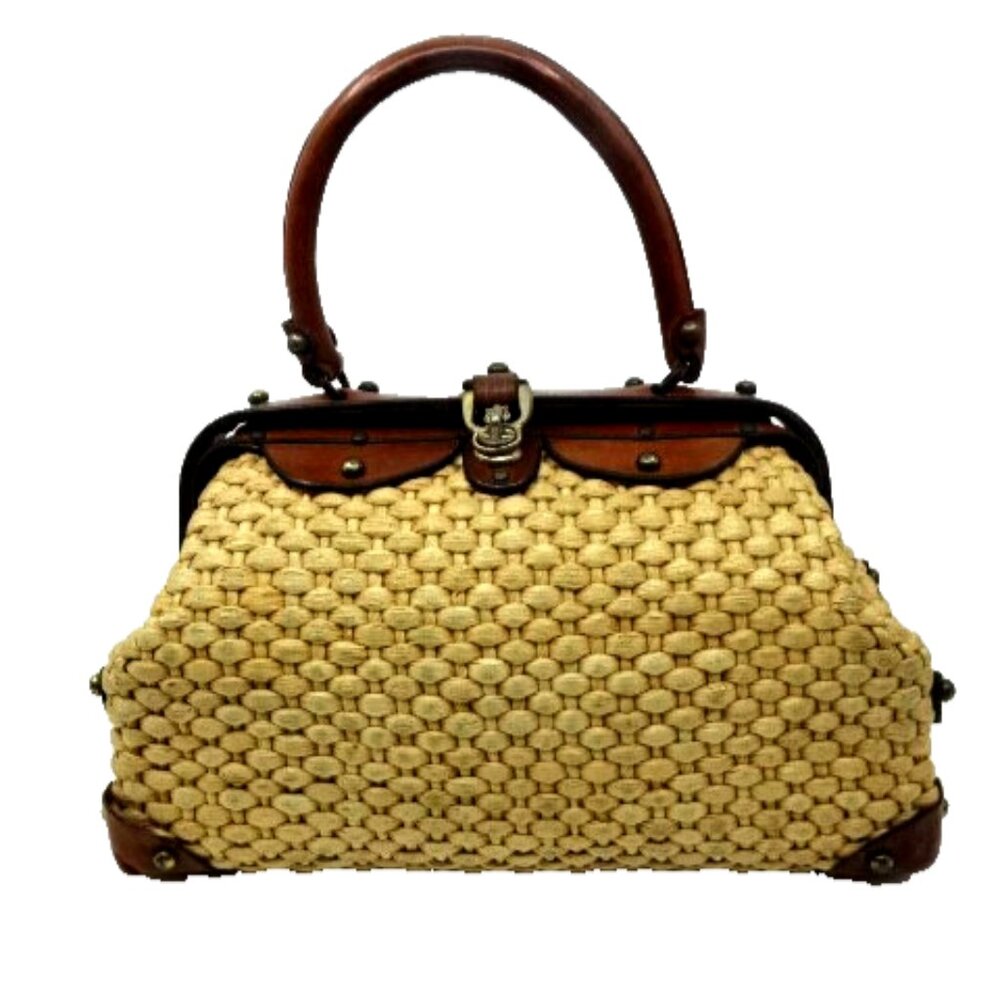 Vintage 1970's John Romain Raffia & Leather Handbag, 13" x 8" x 5"